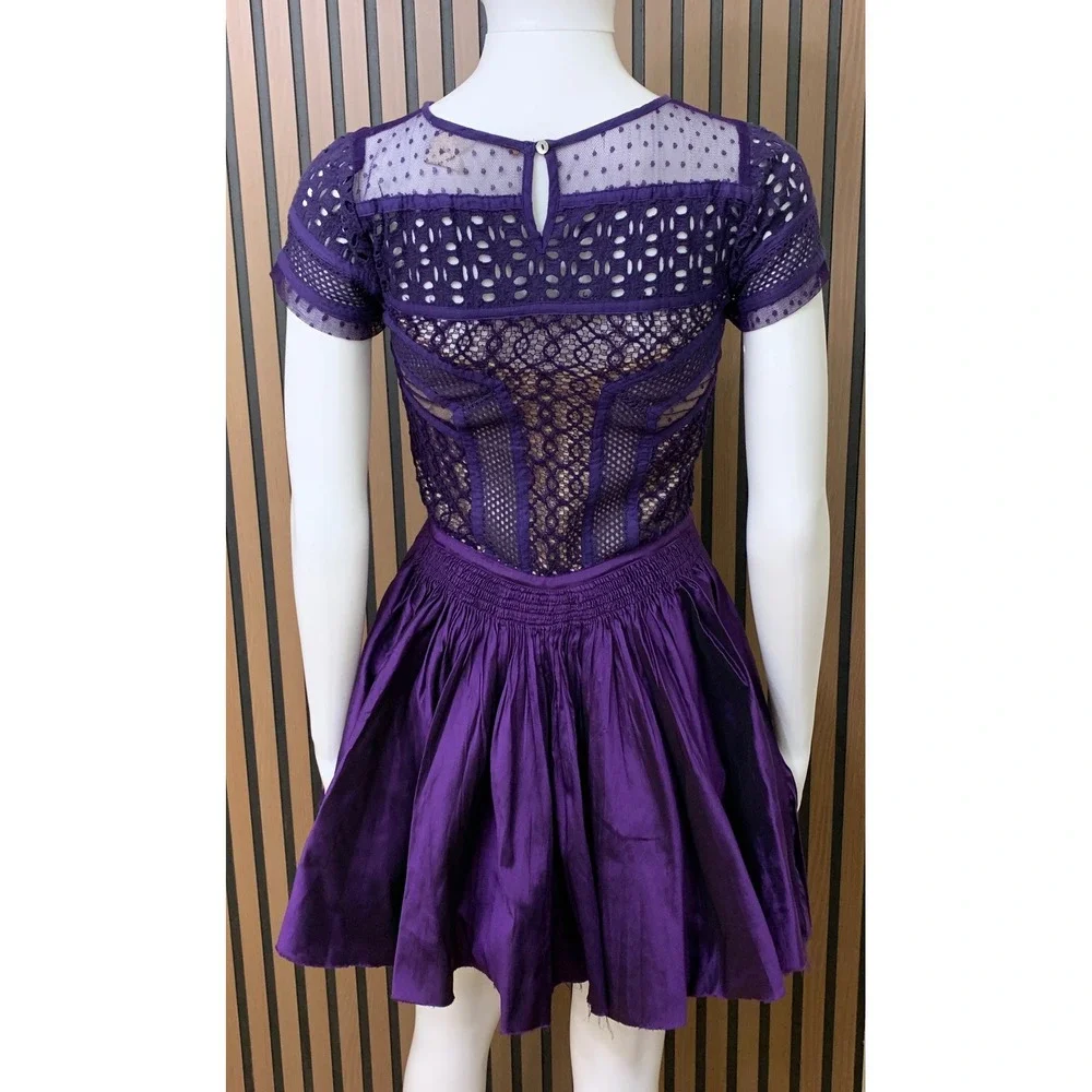 Free People FP One Purple Mixed Lace Mesh Mini Dress Smocked Waist Boho Size 2